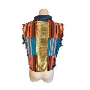 Signature Denim Vest Studded Woven Back Boho Punk‎ Frayed Sleeveless Jacket Med
